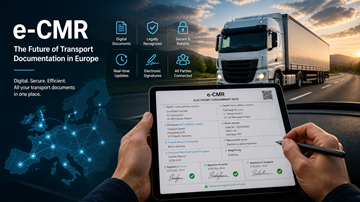 Șofer care folosește o tabletă cu document CMR digital în timpul transportului rutier în Europa, reprezentând digitalizarea logisticii moderne